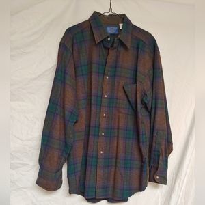 Men's VTG Pendleton Button Down Wool Plaid Shirt in Brown w/ Blue, Green- Size L